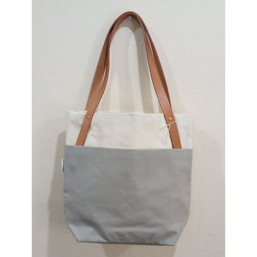 Yield Tokyo Tote Essential  Gray And Beige Canvas Bucket Bag Leather Straps